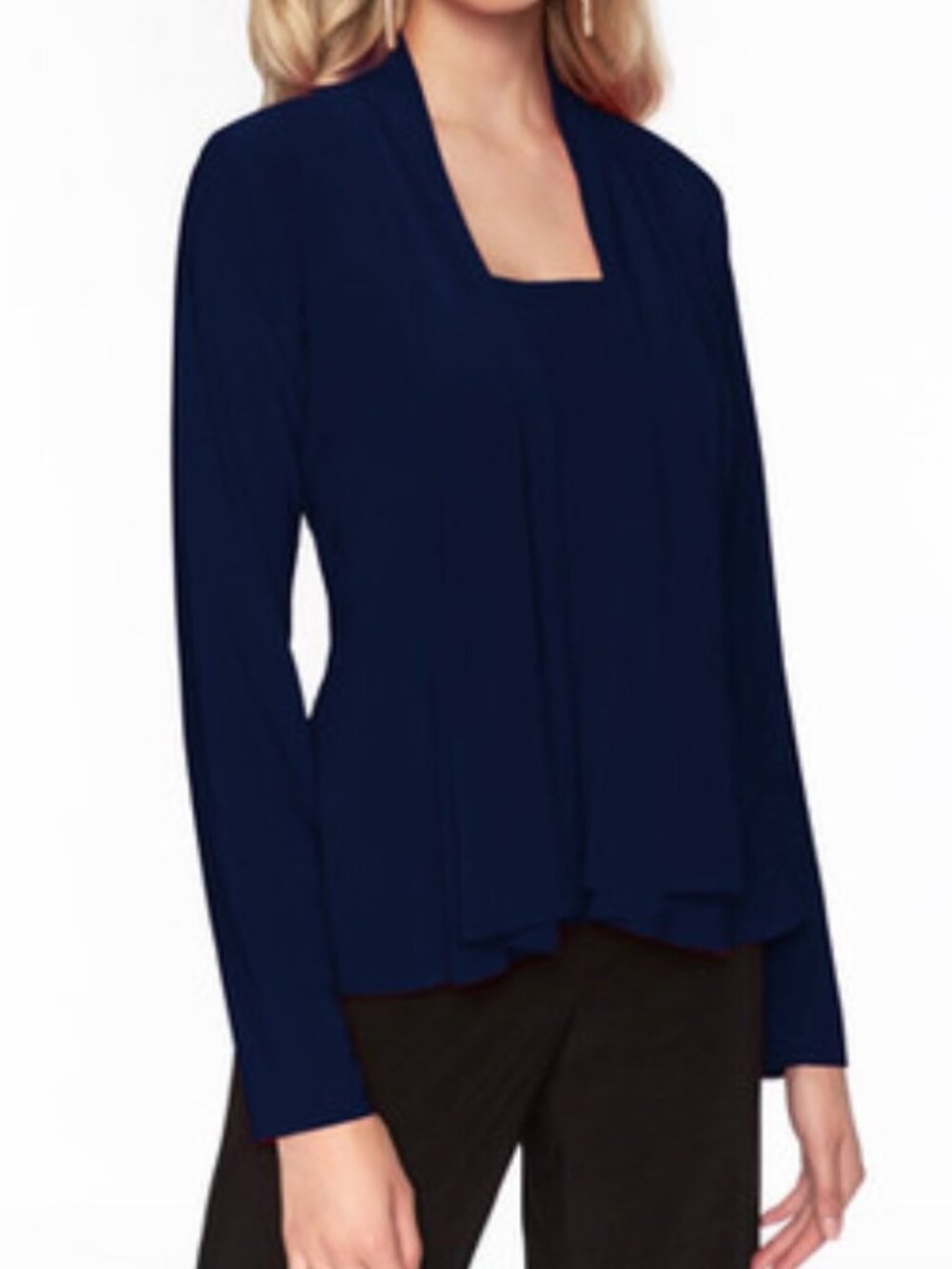 Frank Lyman Navy Blue Open Front Draped Cardigan Jacket Knit Shrug Layering